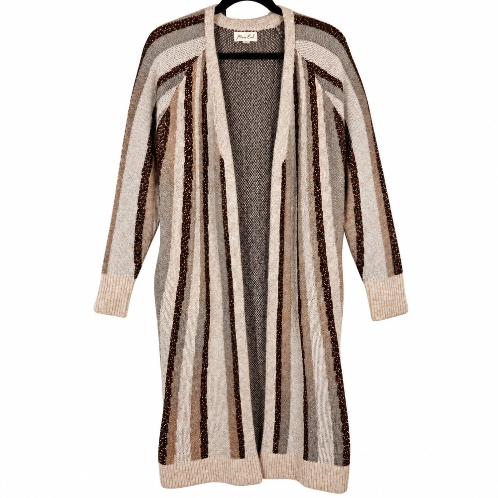 Neutral Metallic Striped Duster Cardigan Boho Luxe Coastal Grandpa Pockets Sz S